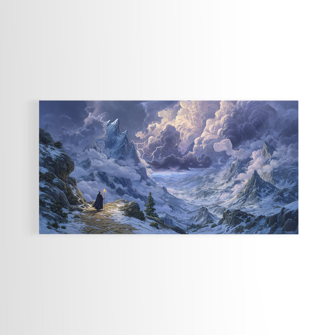 Snowy Mountain Wizard Wall Art, Epic Fantasy Canvas Print, Dungeons And Dragons Decor, Winter Landscape, Gamer Gift, Gift For Him