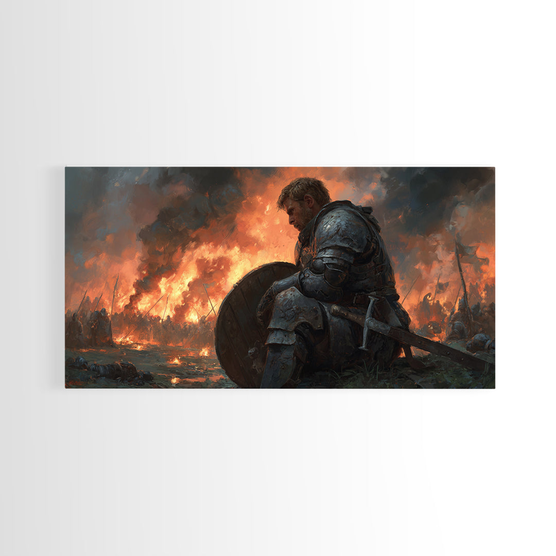 Wounded Medieval Knight On Burning Battlefield Wall Art, Dark Fantasy Warrior Canvas, Gothic Man Cave Decor, Gift For Him