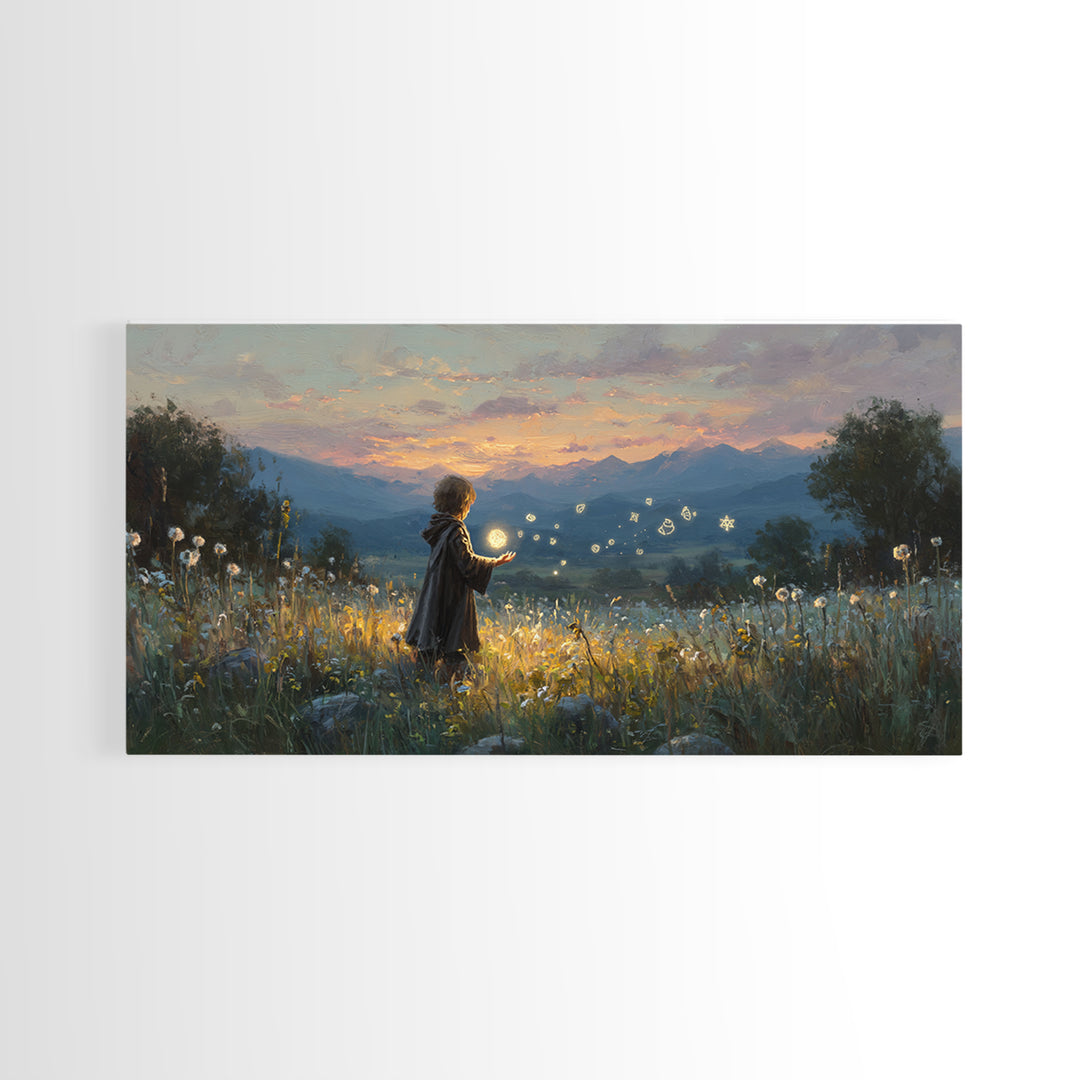 Child With Fireflies In Wildflower Meadow Wall Art, Whimsical Landscape Canvas Print, Nursery Decor, Magical Nature Gift