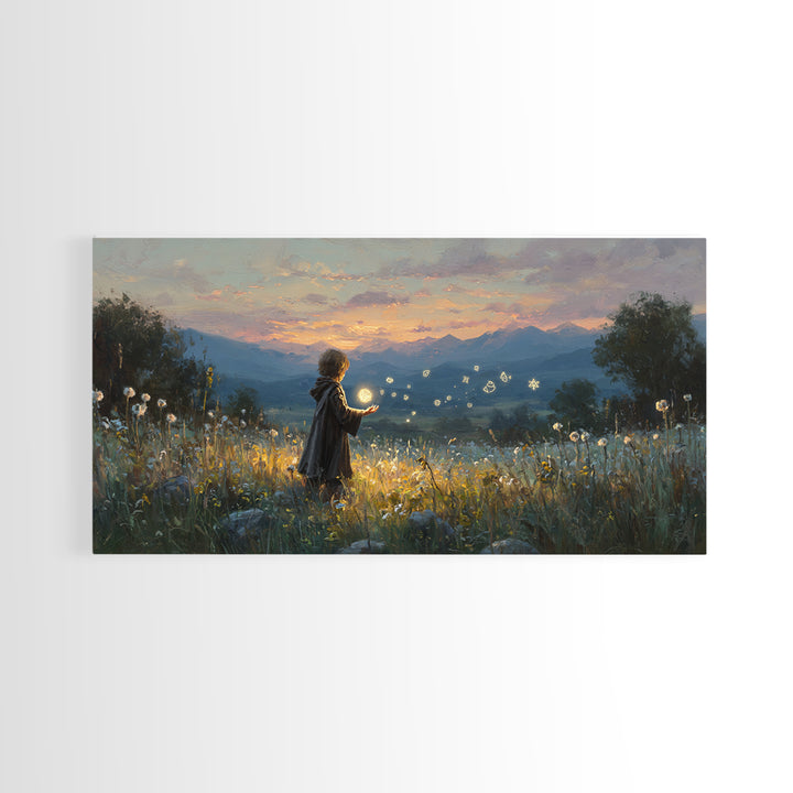 Child With Fireflies In Wildflower Meadow Wall Art, Whimsical Landscape Canvas Print, Nursery Decor, Magical Nature Gift