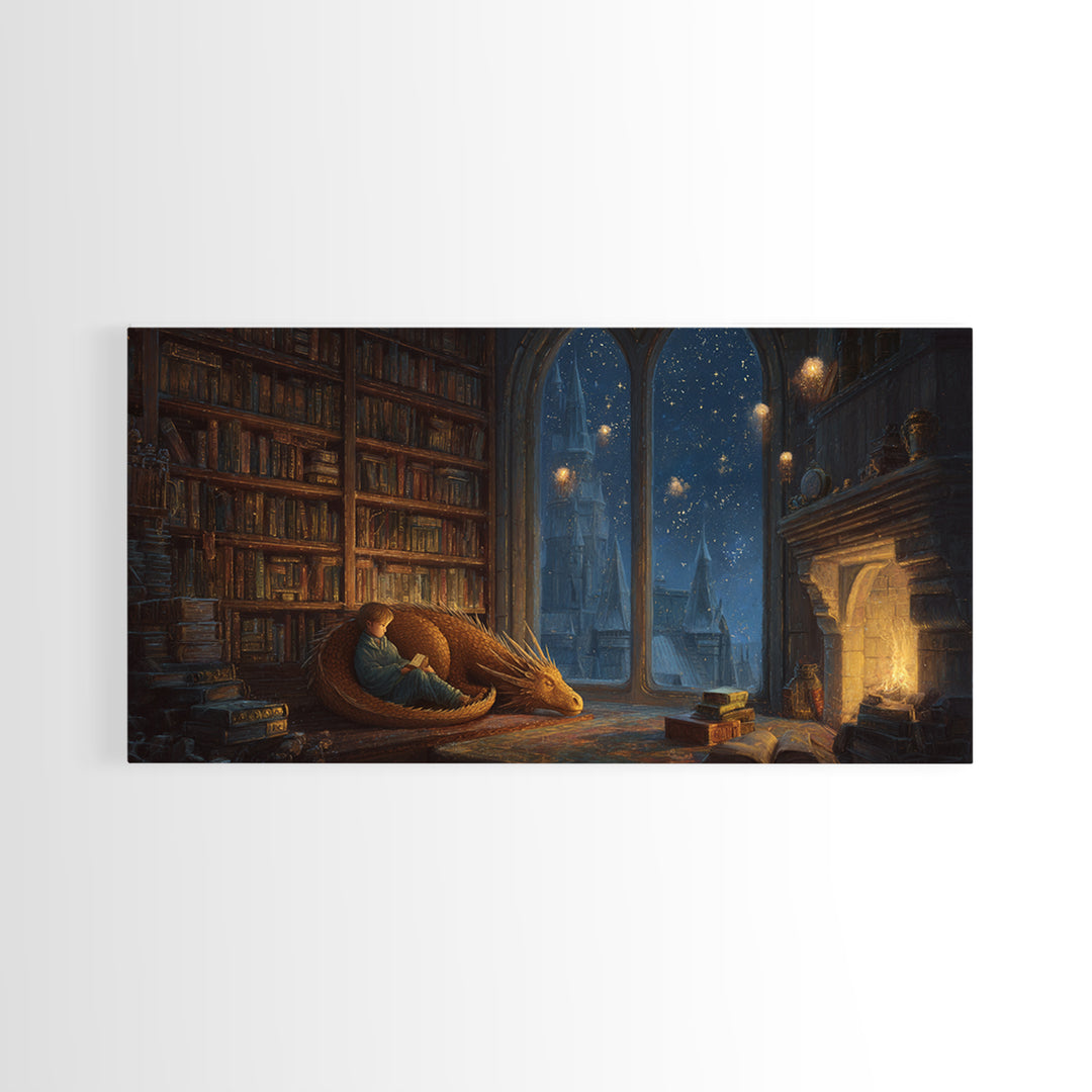 Sleeping Dragon In Cozy Library Wall Art, Fantasy Book Nook Canvas Print, Dark Academia Decor, Gift For Book Lover And Reader