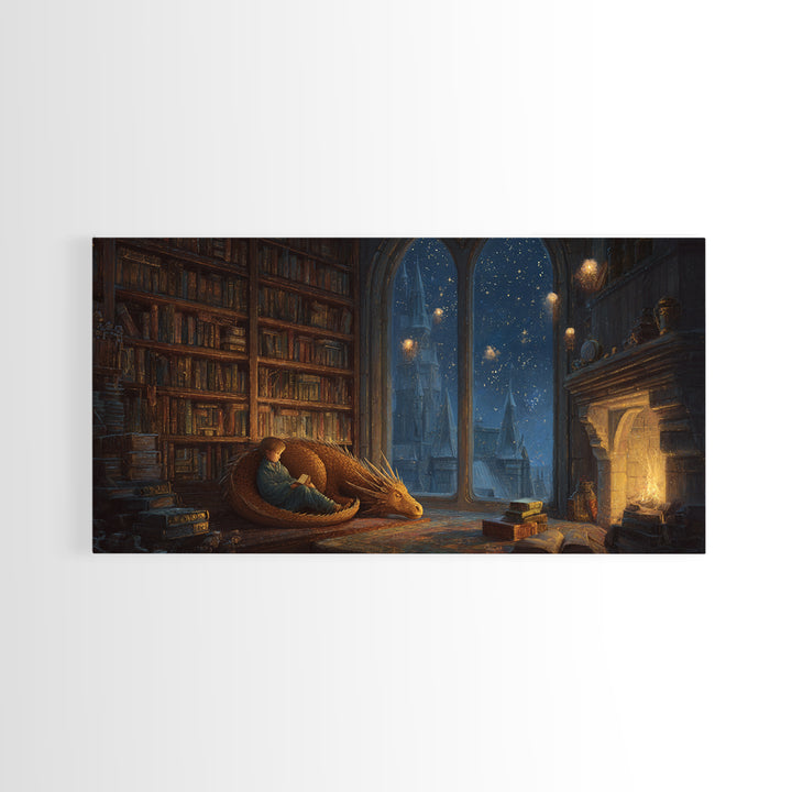 Sleeping Dragon In Cozy Library Wall Art, Fantasy Book Nook Canvas Print, Dark Academia Decor, Gift For Book Lover And Reader