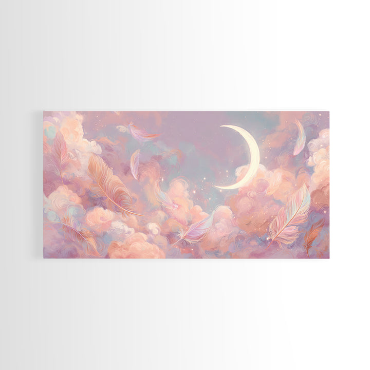 Crescent Moon And Pastel Feather Clouds Canvas Print, Celestial Wall Art, Soft Pink Nursery Decor, Dreamy Bedroom Decor, Gift