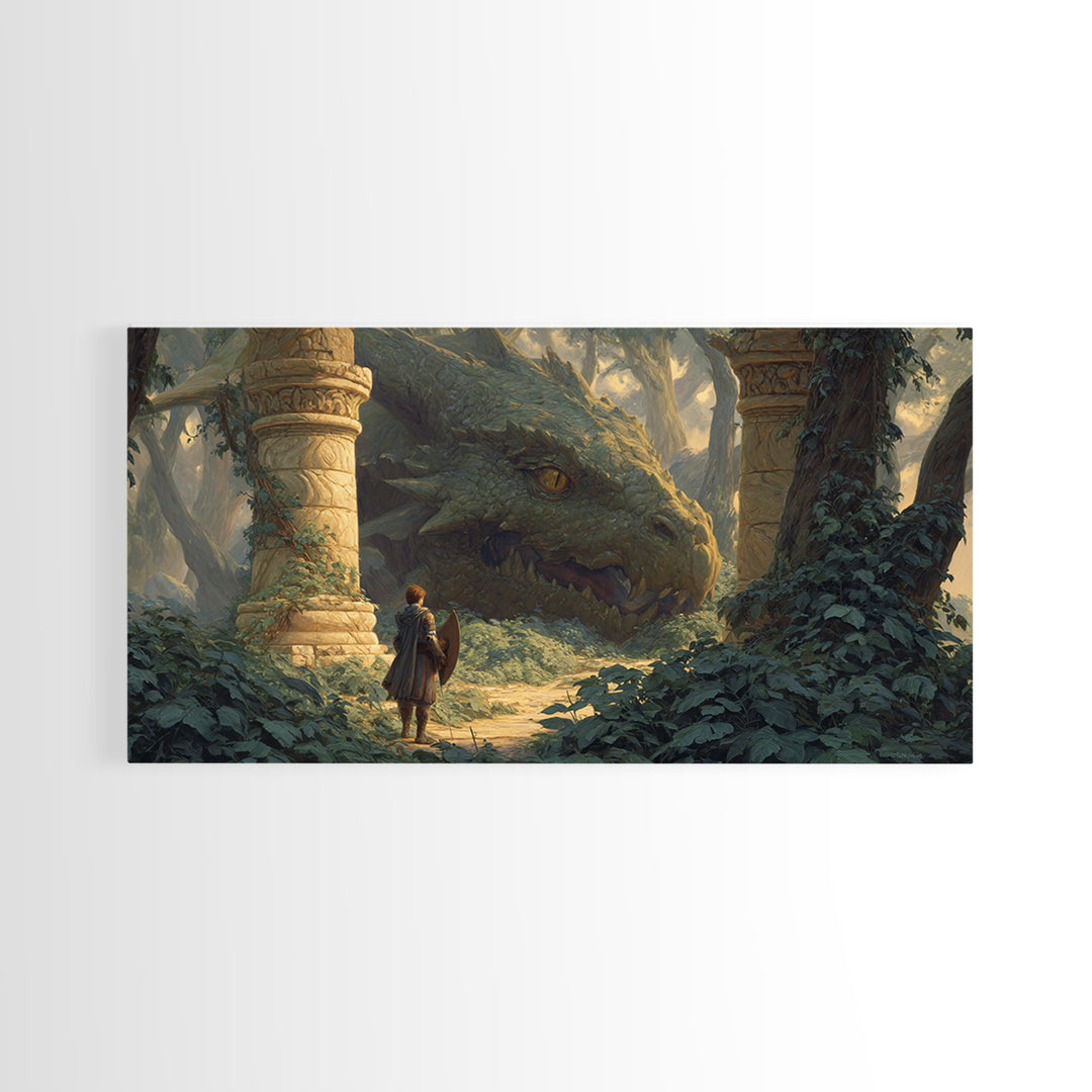 Ancient Forest Dragon Encounter Canvas Print, Fantasy Adventure Artwork, Medieval Ruins Decor, Dragon Art Print, Gift For Gamer