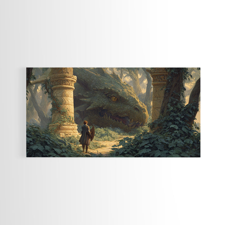Ancient Forest Dragon Encounter Canvas Print, Fantasy Adventure Artwork, Medieval Ruins Decor, Dragon Art Print, Gift For Gamer