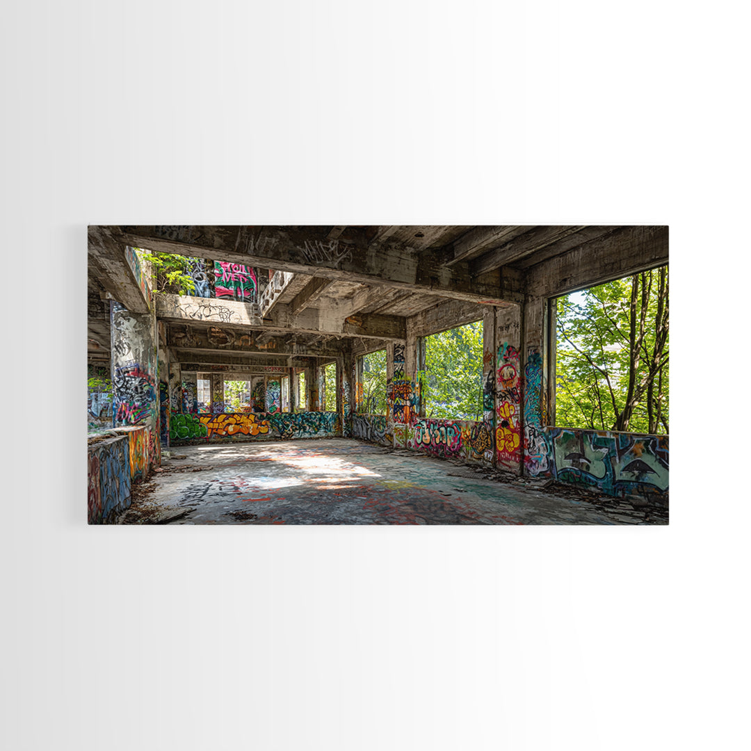 Abandoned Graffiti Warehouse Canvas Print, Urban Decay Wall Art, Industrial Street Art Decor, Edgy Loft Photography Print