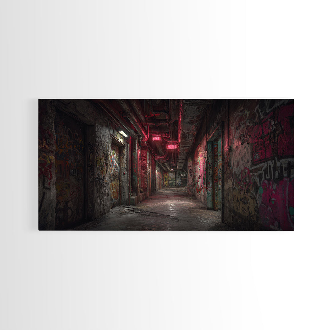Abandoned Graffiti Corridor With Red Neon Wall Art, Urban Street Art, Industrial Decor, Grunge Poster, Office Wall Decor