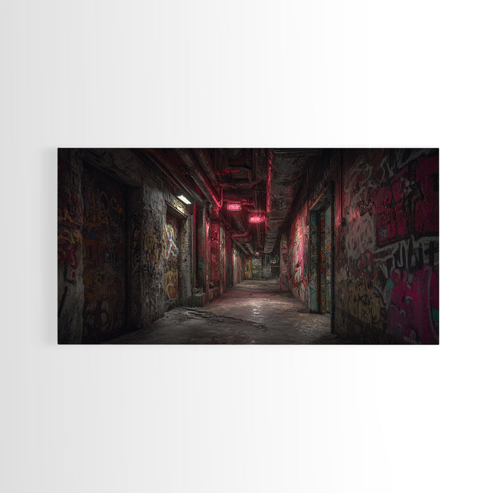 Abandoned Graffiti Corridor With Red Neon Wall Art, Urban Street Art, Industrial Decor, Grunge Poster, Office Wall Decor