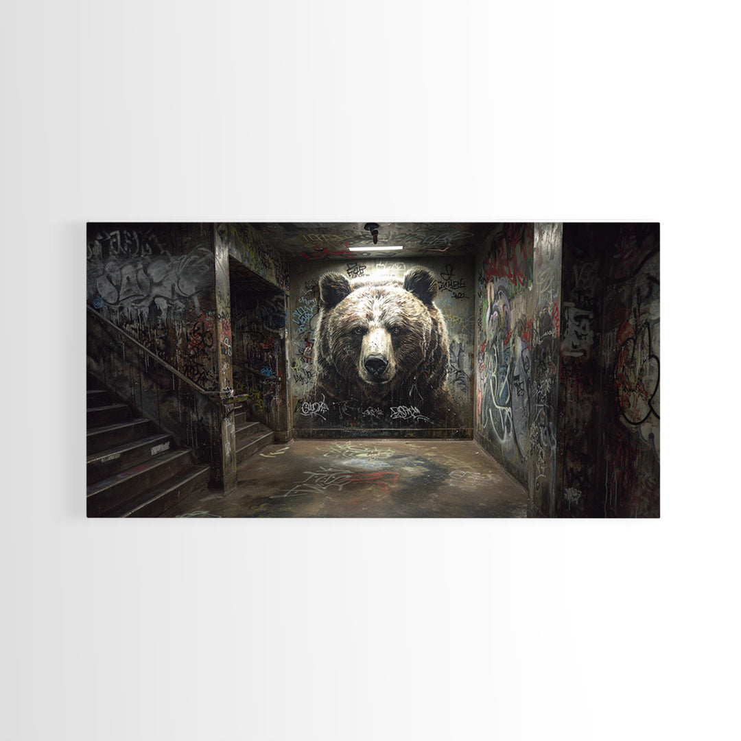 Giant Bear Graffiti Tunnel Wall Art, Urban Street Art Print, Edgy Industrial Decor, Modern Office Poster, Wildlife Mural