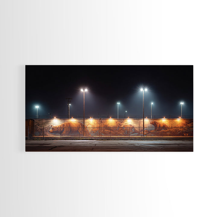 Night Industrial Light Yard Wall Art, Urban Street Photography Style Canvas, Moody Office Decor, Modern Loft Print For Him