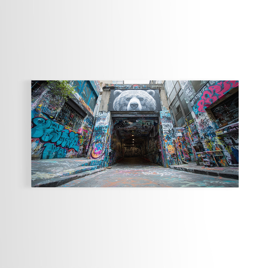Graffiti Alley Bear Mural Wall Art, Urban Street Art Canvas Print, Bold Modern Decor For Loft, Office, Man Cave, Apartment Wall Decor