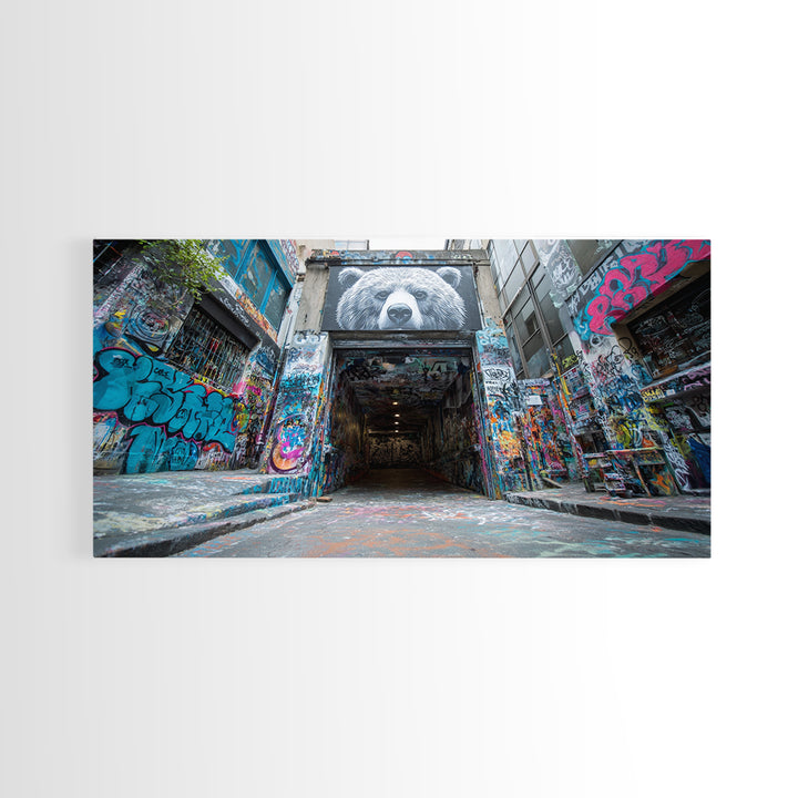 Graffiti Alley Bear Mural Wall Art, Urban Street Art Canvas Print, Bold Modern Decor For Loft, Office, Man Cave, Apartment Wall Decor