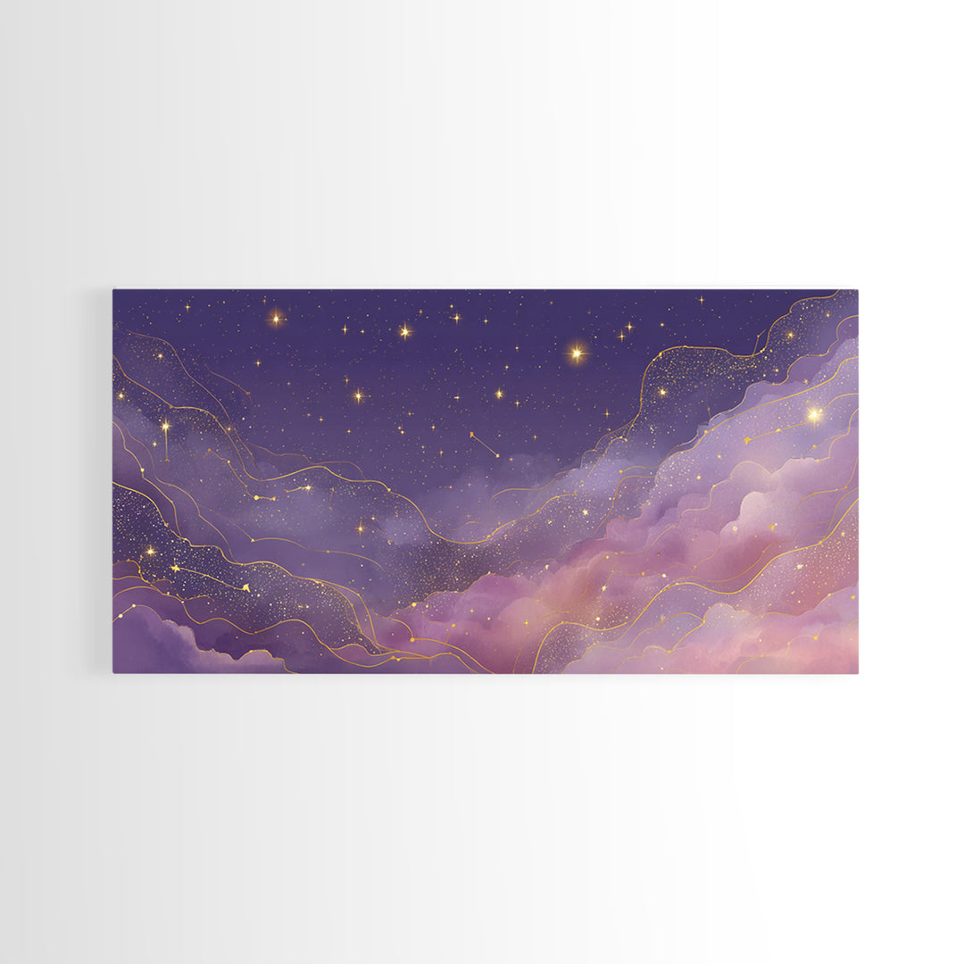 Purple Starry Sky With Gold Constellations Wall Art, Celestial Canvas Print, Mystical Bedroom Decor, Astrology Gift For Her