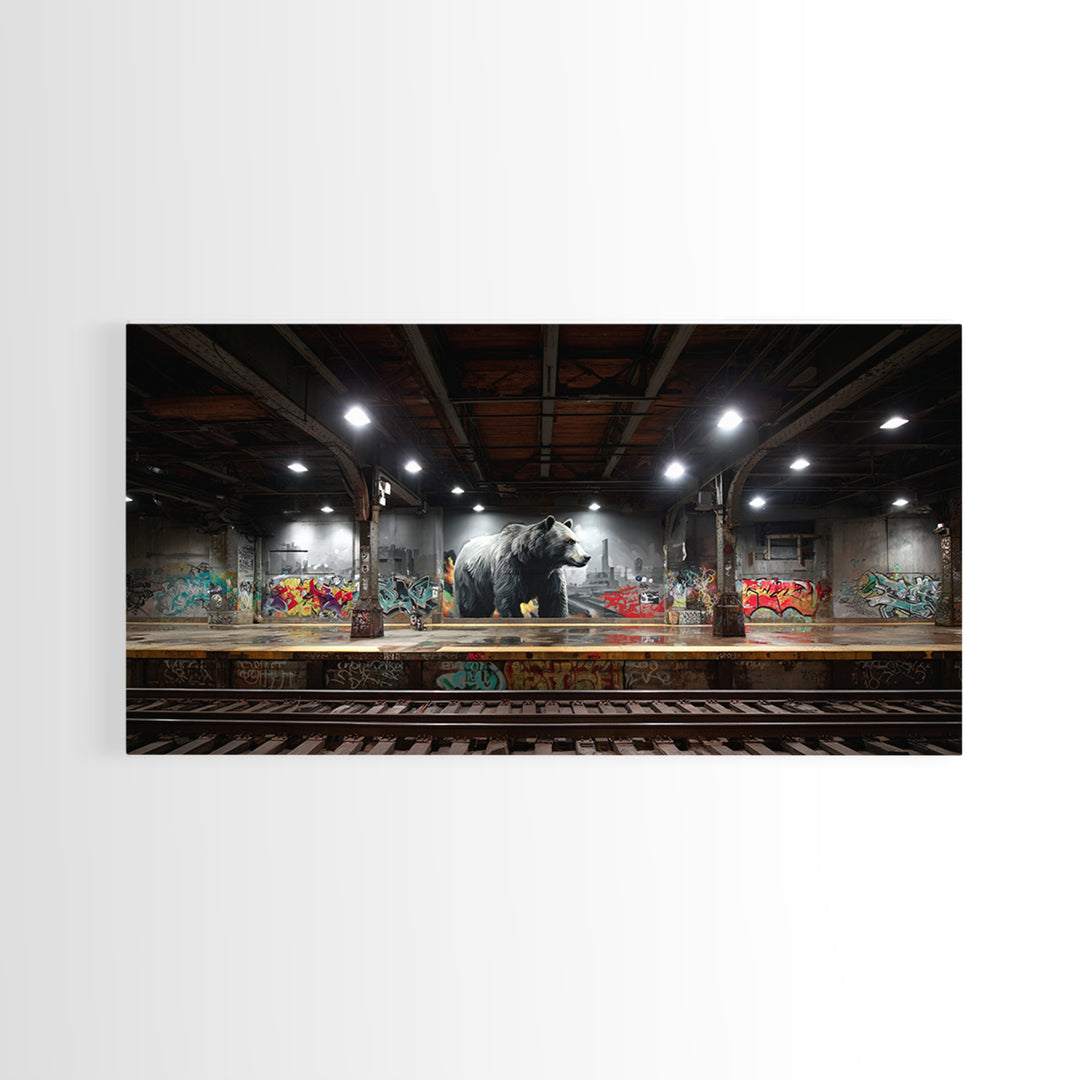 Urban Bear In Graffiti Subway Station Wall Art, Industrial Wildlife Canvas, Modern Street Art Print For Loft And Man Cave Decor