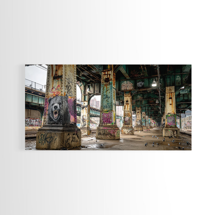 Graffiti Bear Underpass Wall Art, Urban Street Art Canvas Print, Industrial Decor, Man Cave Poster, Modern Wall Decor Print
