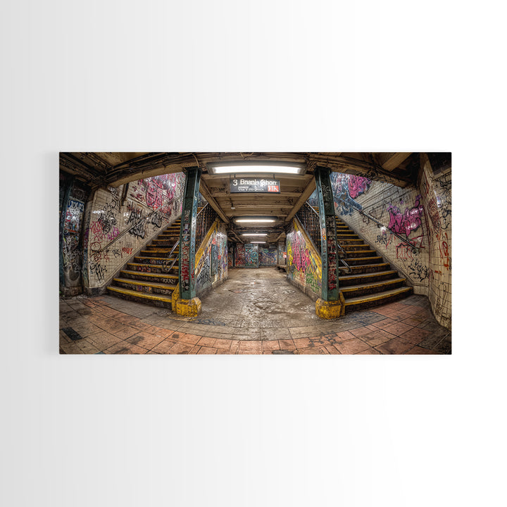 Graffiti Subway Stairwell Framed Canvas Print, Urban Street Art Wall Decor, Gritty Industrial Office Wall Art For Living Room