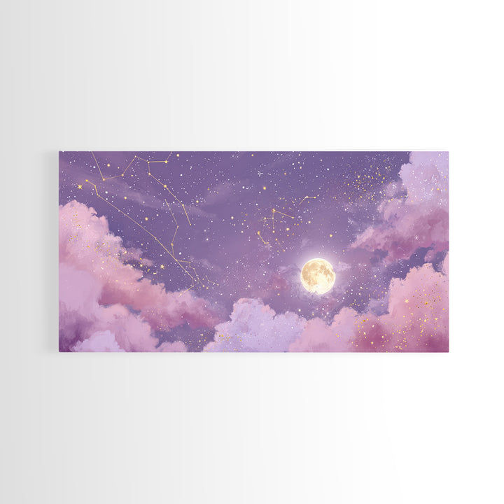 Full Moon Purple Night Sky Wall Art, Gold Constellations And Clouds Canvas Print, Celestial Bedroom Decor Gift, Astrology Wall Decor