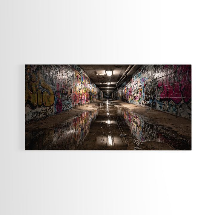 Graffiti Tunnel With Reflective Puddle Wall Art, Urban Street Art Canvas Print, Industrial Decor, Modern Office Wall Decor
