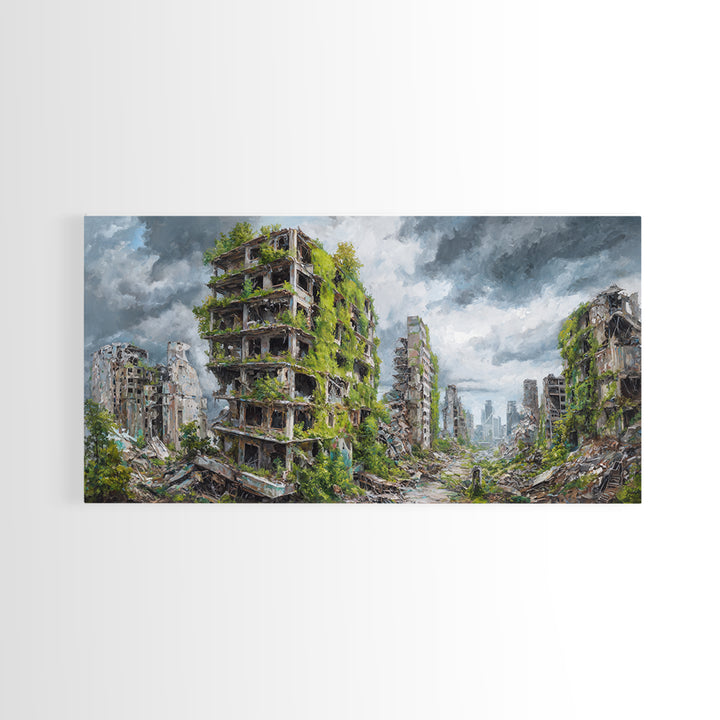 Overgrown Ruined Cityscape Wall Art, Post Apocalyptic Landscape Canvas Print, Urban Nature Decor For Modern Home And Office
