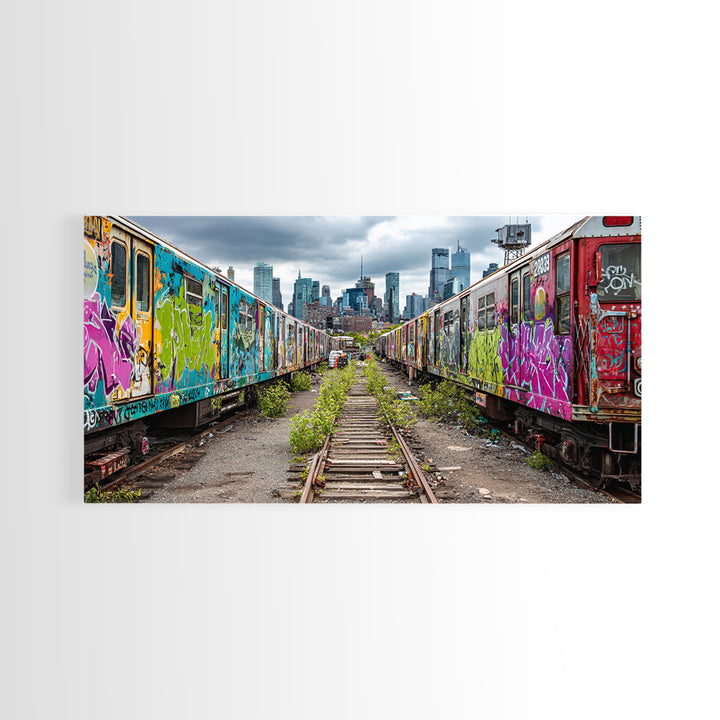 Graffiti Train Yard With City Skyline Wall Art, Urban Street Art Canvas Print, Colorful Industrial Decor, Modern Loft Gift