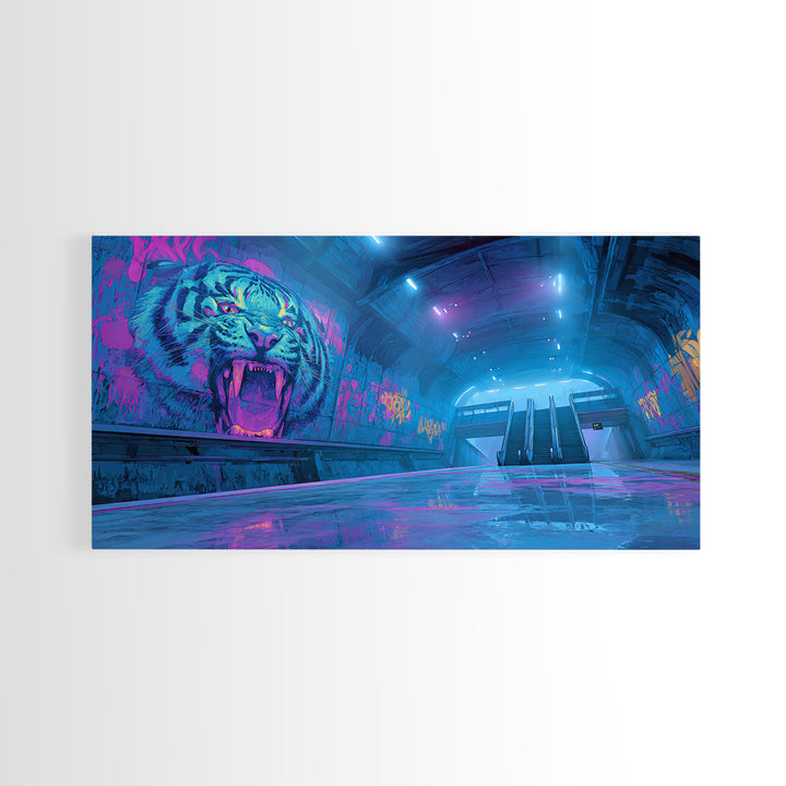 Neon Tiger Subway Canvas Print, Cyberpunk Graffiti Wall Art, Futuristic Blue Pink Gaming Room Decor, Bold Urban Gift For Him