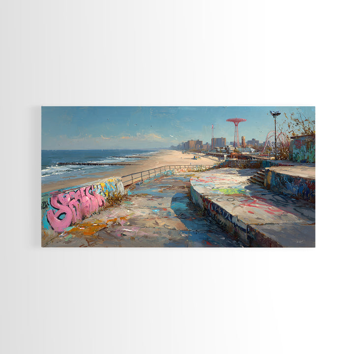Graffiti Beach Boardwalk Seascape Wall Art, Coney Island Style Travel Poster, Urban Coastal Decor, Ocean City Print, Summer Beach Art