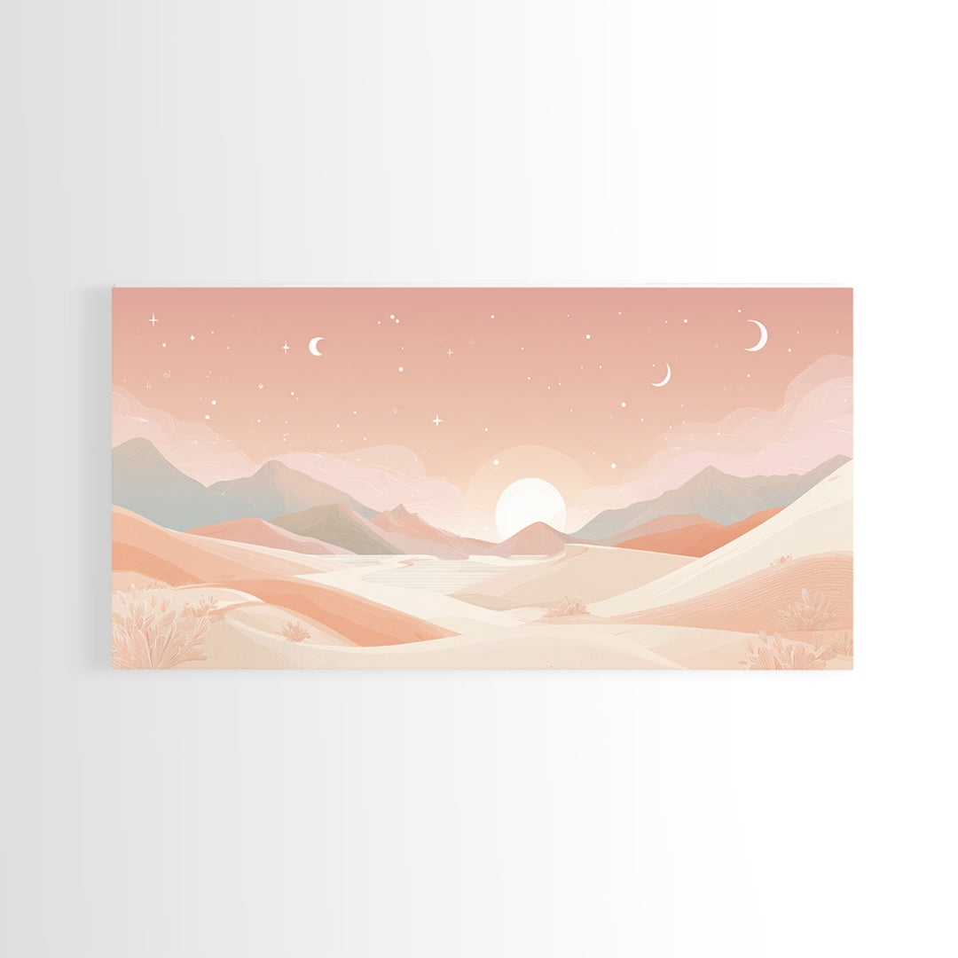 Pastel Desert Sunrise Landscape Canvas Print, Minimalist Mountain Wall Art, Boho Neutral Home Decor For Bedroom And Living Room
