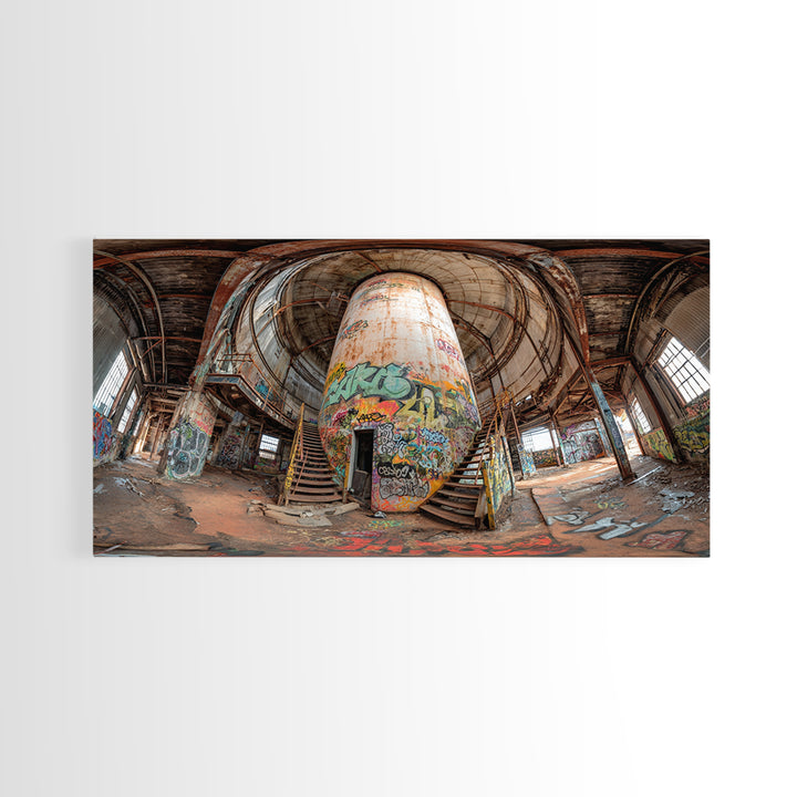 Abandoned Graffiti Silo Wall Art, Urban Industrial Interior Photograph, Street Art Decor, Modern Loft Canvas Print Gift For Home