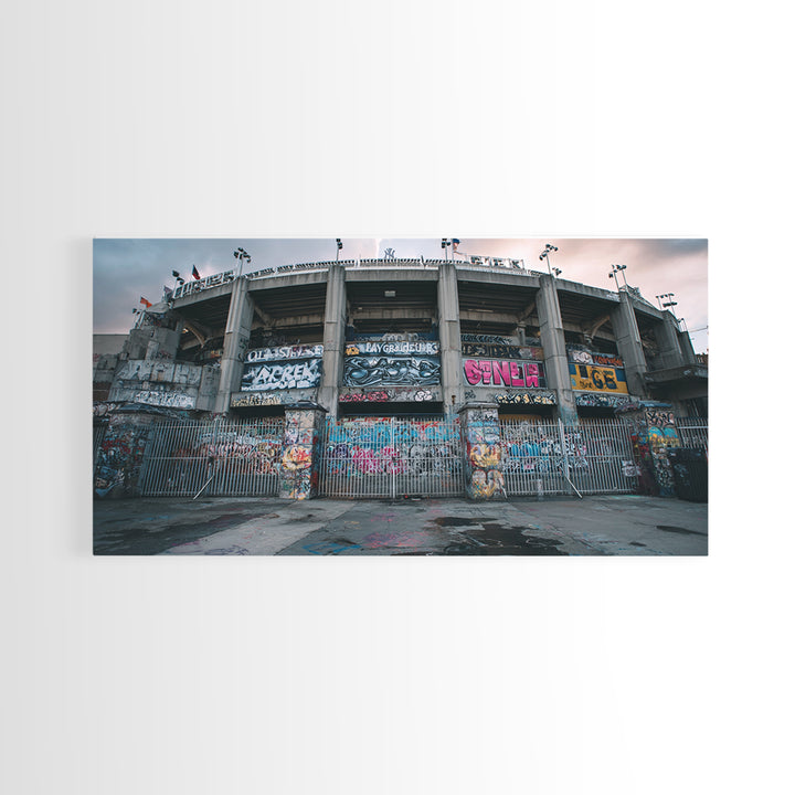 Abandoned Graffiti Stadium Facade Wall Art, Urban Street Art Canvas Print, Industrial Decor, Man Cave And Office Wall Decor