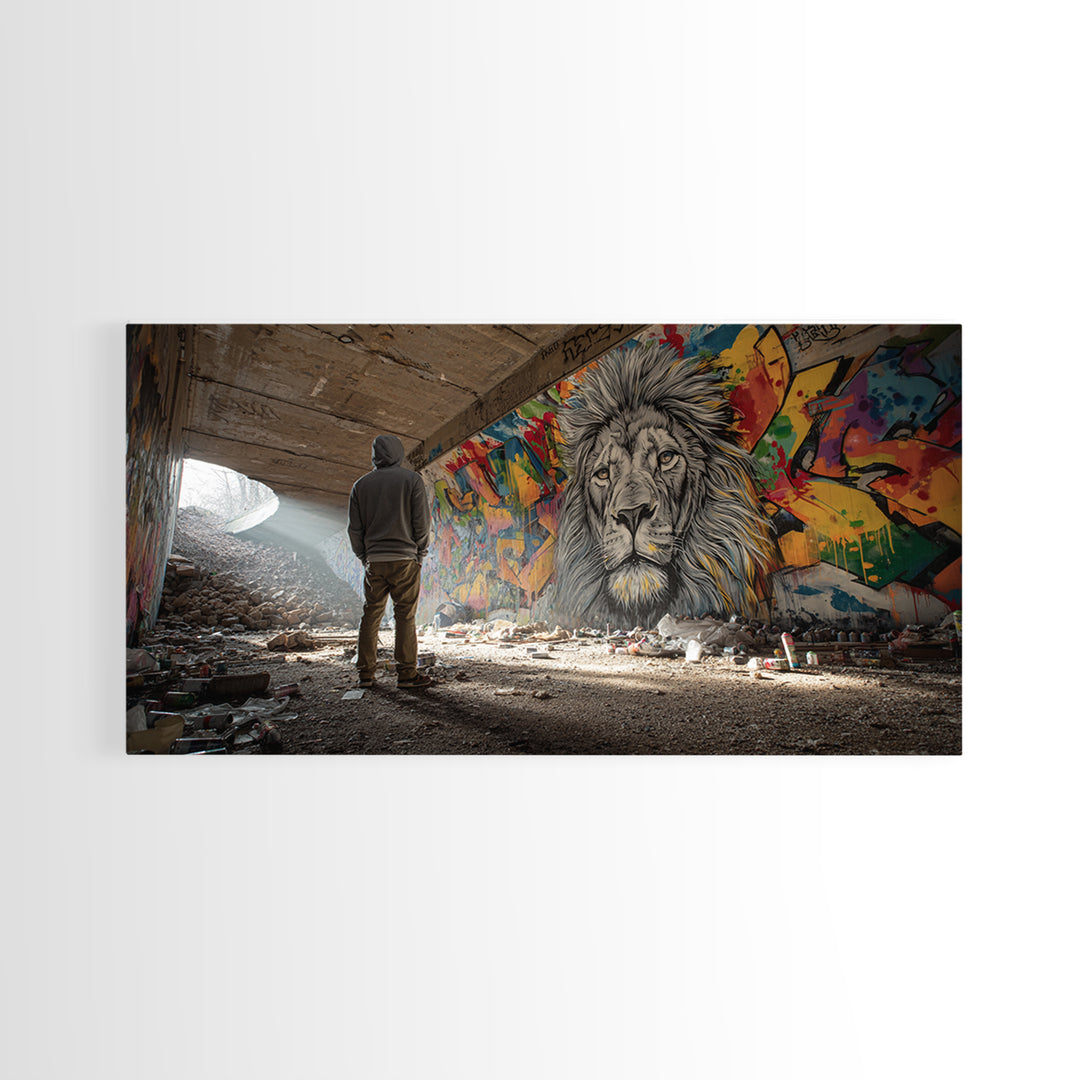 Hooded Figure Before Graffiti Lion Wall Art, Urban Street Art Canvas Print, Bold Industrial Decor, Gift For Him, Modern Home Decor