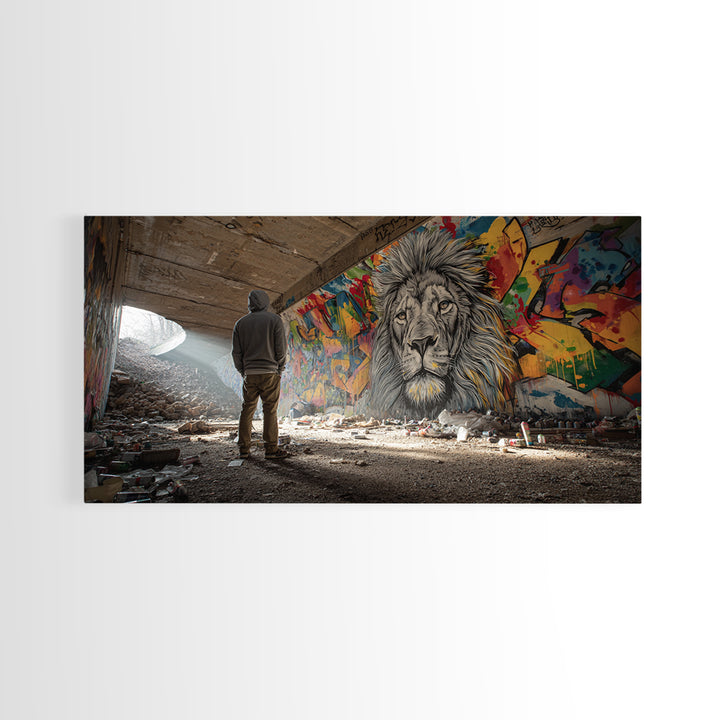 Hooded Figure Before Graffiti Lion Wall Art, Urban Street Art Canvas Print, Bold Industrial Decor, Gift For Him, Modern Home Decor