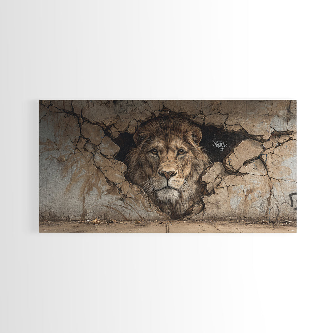 Cracked Wall Lion Mural Wall Art, Wildlife Graffiti Canvas Print, Big Cat Street Art, Urban Decor For Modern Living Room