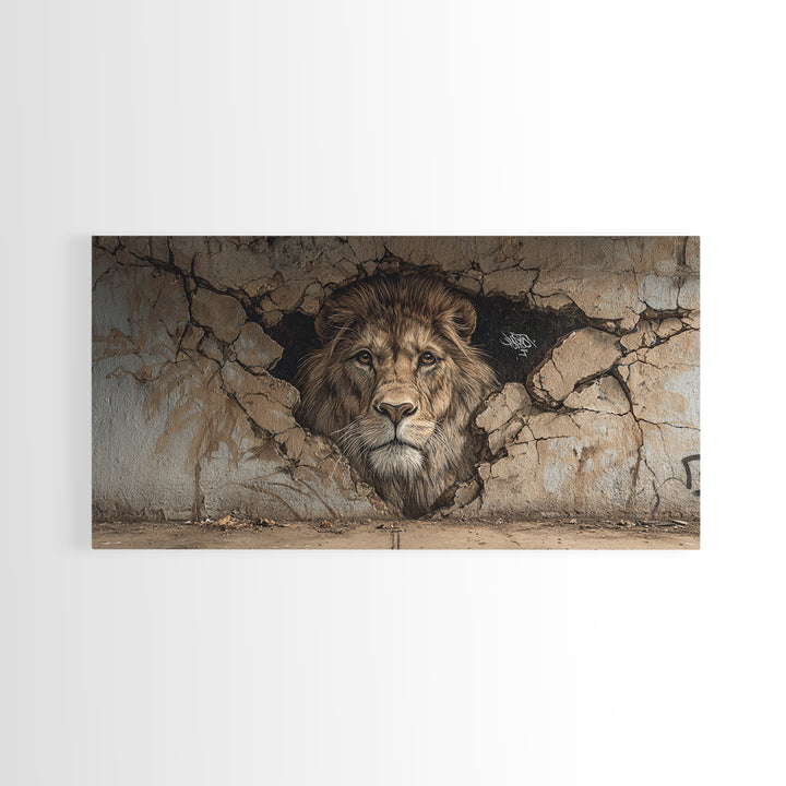 Cracked Wall Lion Mural Wall Art, Wildlife Graffiti Canvas Print, Big Cat Street Art, Urban Decor For Modern Living Room
