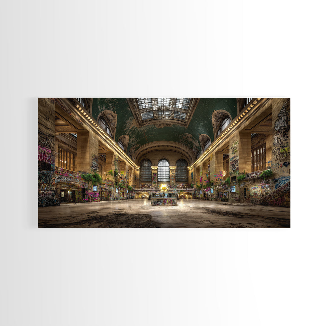 Overgrown Grand Train Station Wall Art, Abandoned Urban Canvas Print, Graffiti Decor, Architecture Poster, Eclectic Wall Decor