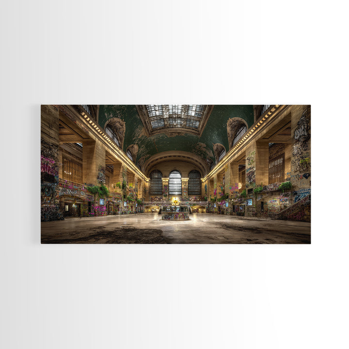 Overgrown Grand Train Station Wall Art, Abandoned Urban Canvas Print, Graffiti Decor, Architecture Poster, Eclectic Wall Decor