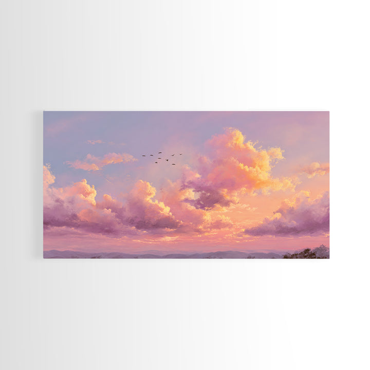 Golden Pink Sunset Clouds Over Mountains Wall Art, Serene Landscape Canvas Print, Living Room Decor, Housewarming Gift For Her