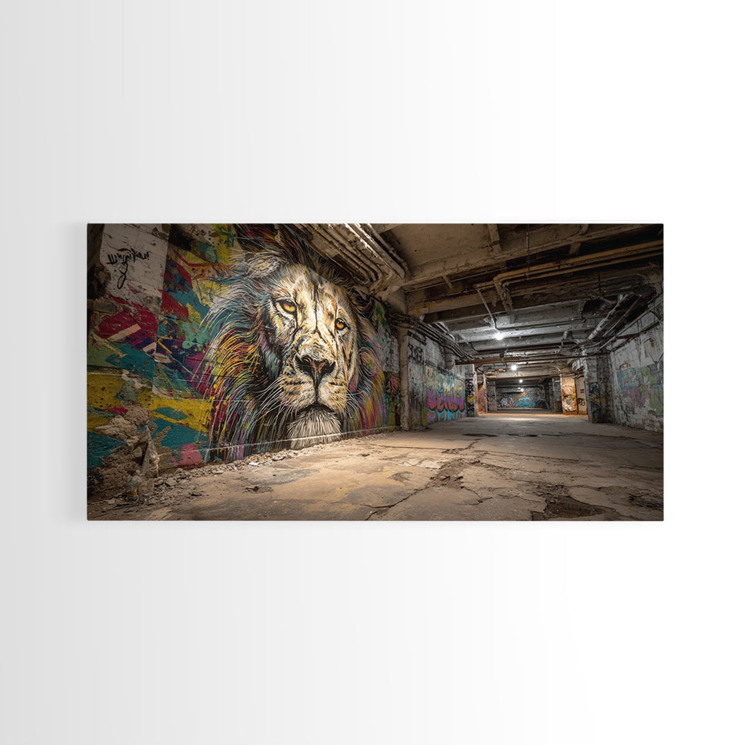 Underground Lion Graffiti Wall Art, Urban Street Art Canvas Print, Industrial Decor, Bold Wildlife Mural For Loft Office