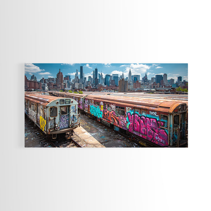 Graffiti Subway Trains With New York Skyline Wall Art, Urban Street Art Canvas Print, NYC Decor, Industrial Office Poster