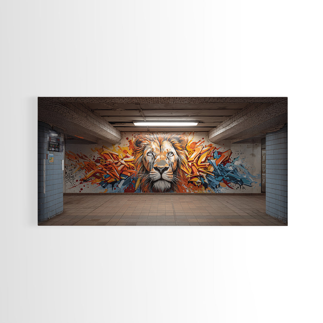 Colorful Graffiti Lion Subway Wall Art, Urban Street Art Canvas Print, Bold Modern Decor, Industrial Loft Statement Art Print