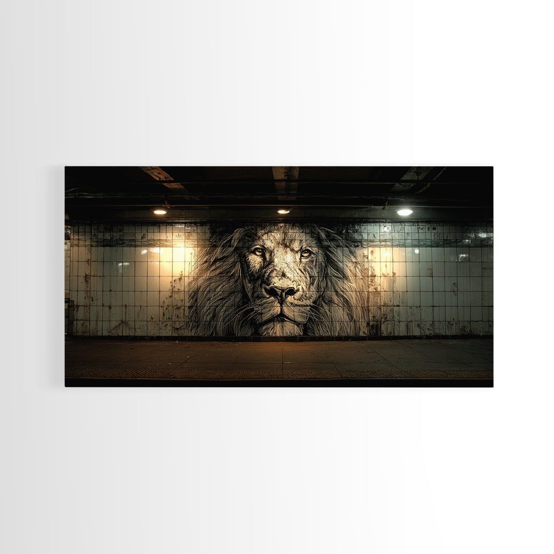 Black And White Lion Mural Wall Art, Urban Street Art Canvas, Industrial Loft Decor, Masculine Office Wall Decor, Bold Art Print