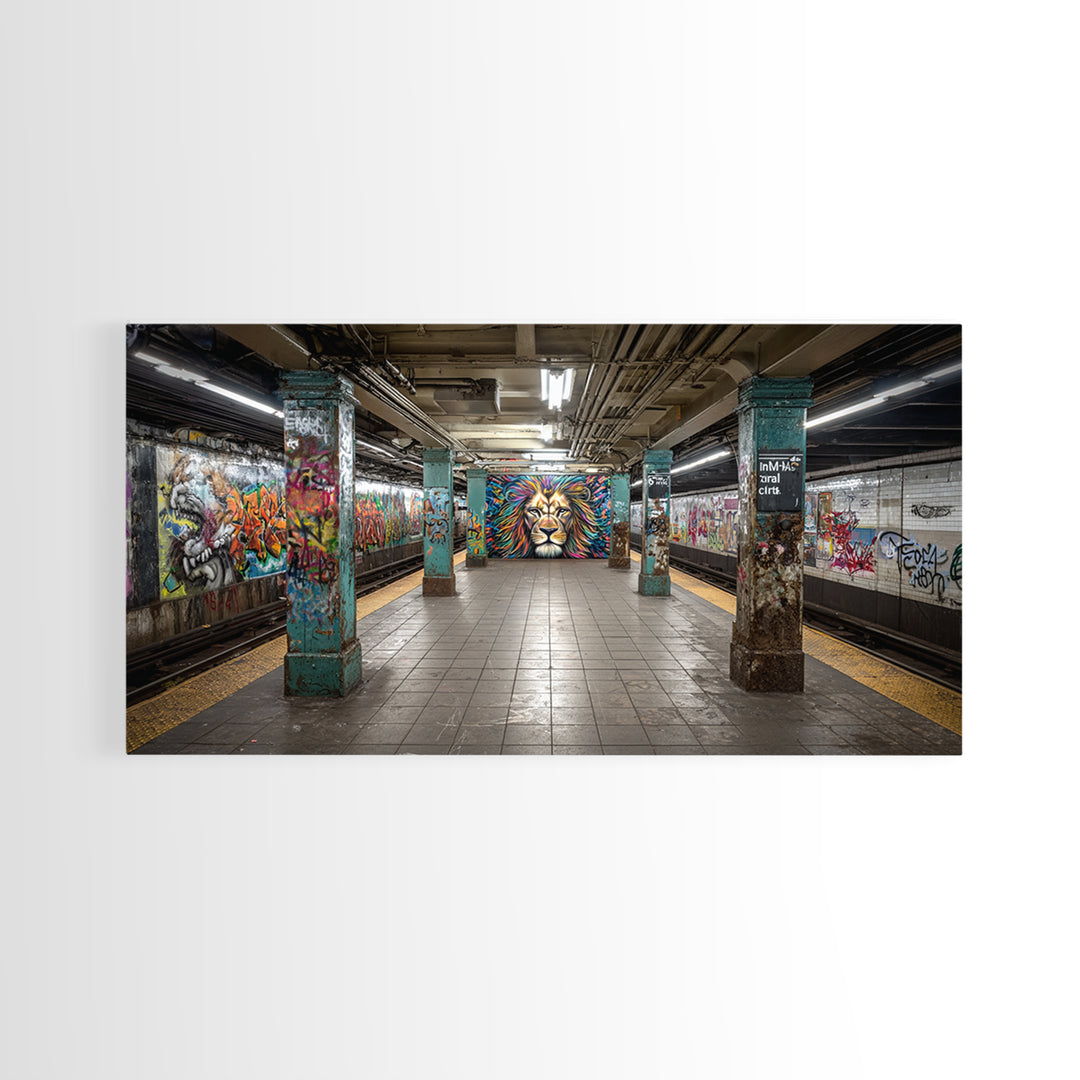 Graffiti Subway Platform With Lion Mural Wall Art, Urban Street Art Canvas Print, Pop Art Decor, Modern Office Wall Decor