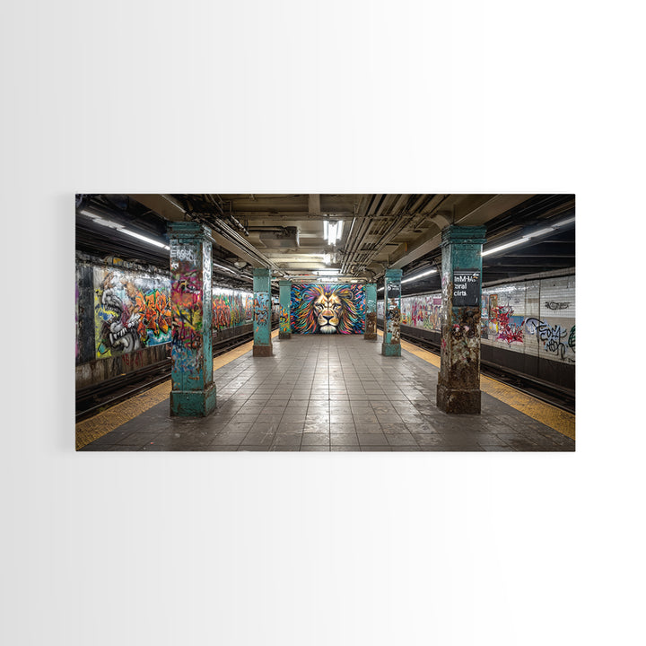 Graffiti Subway Platform With Lion Mural Wall Art, Urban Street Art Canvas Print, Pop Art Decor, Modern Office Wall Decor
