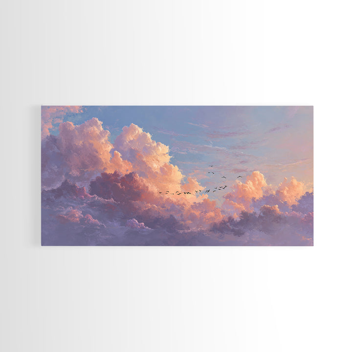 Dramatic Pastel Cloudscape With Birds Canvas Print, Sunset Sky Wall Art, Large Landscape Decor For Living Room, Office Decor