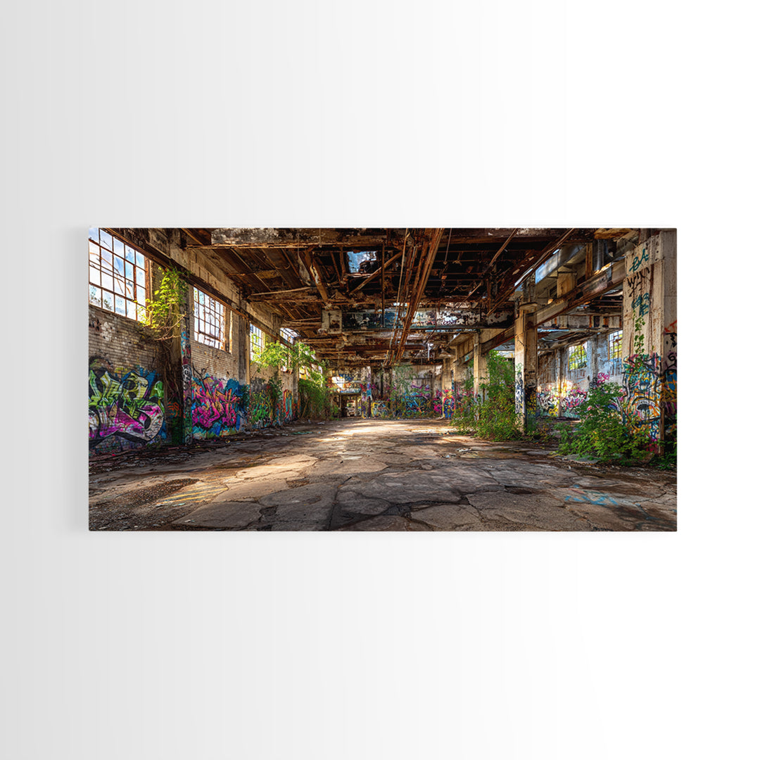 Abandoned Warehouse Graffiti Wall Art, Urban Decay Photography Canvas Print, Industrial Loft Decor, Large Street Art Poster