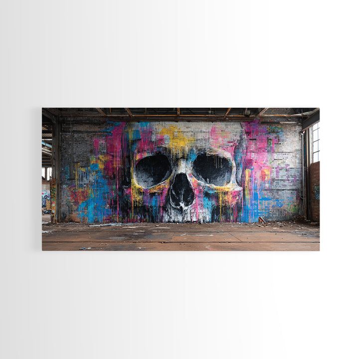 Neon Graffiti Skull Mural In Abandoned Warehouse Wall Art, Street Art Print, Gothic Decor, Edgy Urban Poster, Man Cave Decor