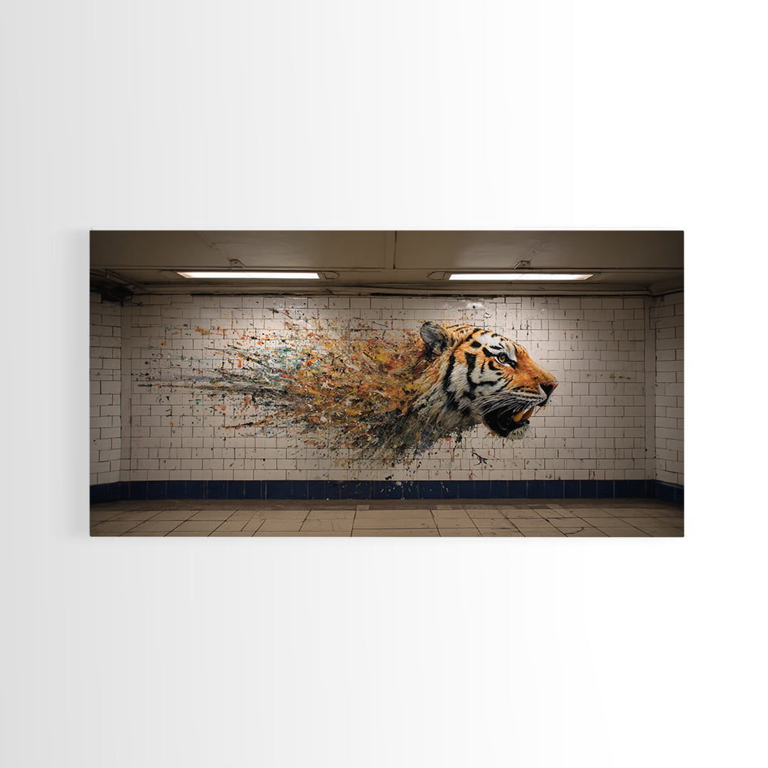 Exploding Tiger Subway Mural Wall Art, Urban Street Art Canvas Print, Bold Animal Decor, Maximalist Gift For Him Modern Loft