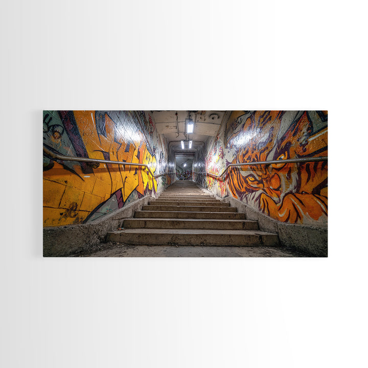 Graffiti Stairway Tunnel Wall Art, Underground Urban Street Art Canvas Print, Gritty Industrial Decor, Colorful Modern Art