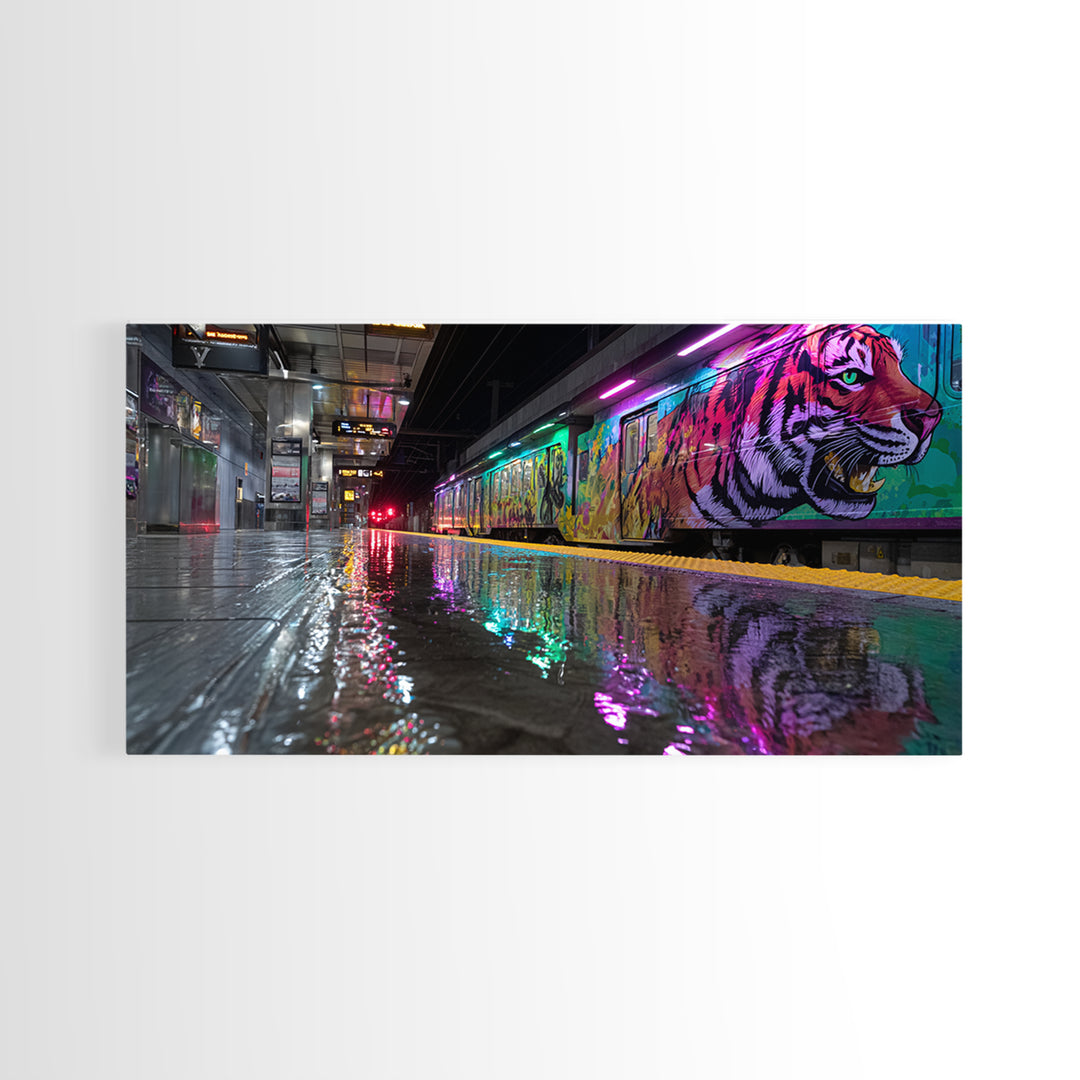 Neon Tiger Train Station Wall Art, Urban Subway Graffiti Canvas Print, Cyberpunk Animal Decor For Modern Living Room Gallery