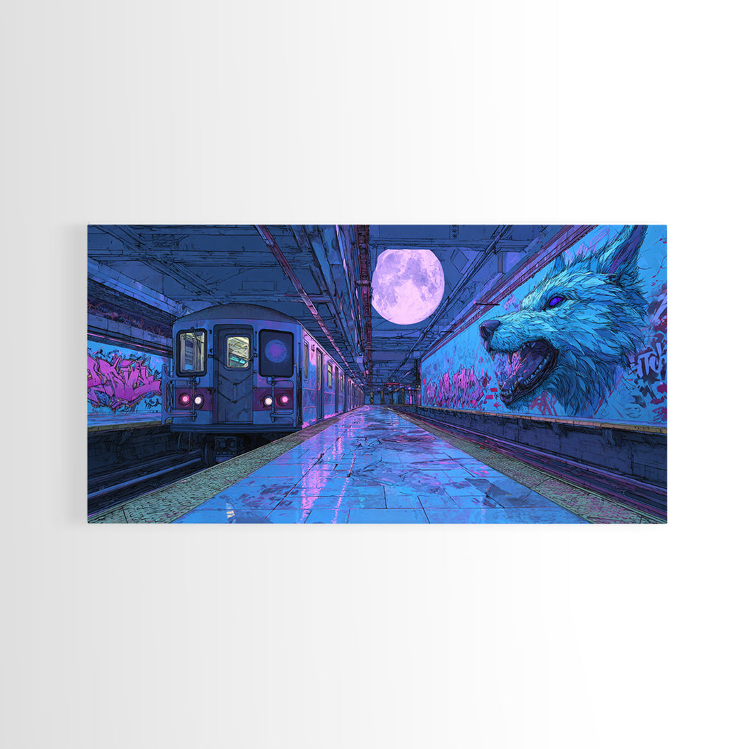 Moonlit Subway Wolf Canvas Print, Cyberpunk Train Station Wall Art, Neon Animal Graffiti Decor, Modern Urban Home Decor For Gamer Room