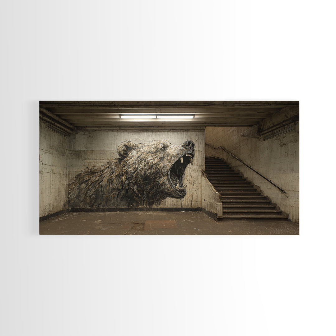 Roaring Bear Urban Subway Wall Art, Black And White Graffiti Canvas Print, Industrial Bathroom Decor, Animal Poster, Gift